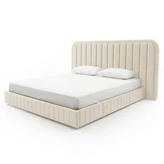 Modern upholstered cream bed with vertical channel headboard on white background
