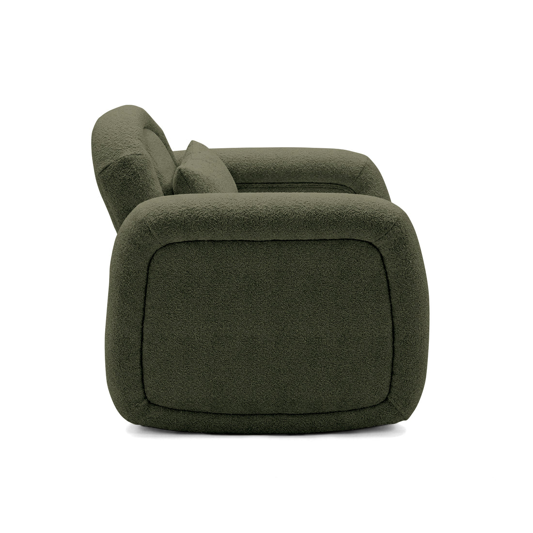 Side view of olive green upholstered accent chair on white background