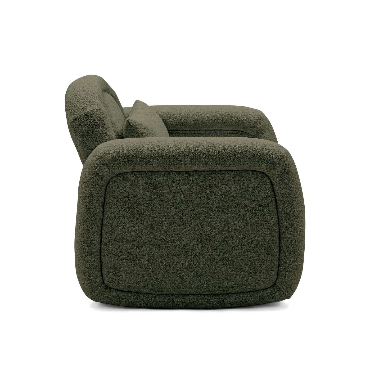 Side view of olive green upholstered accent chair on white background