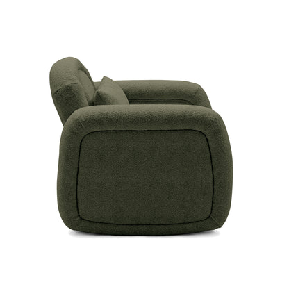 Side view of olive green upholstered accent chair on white background