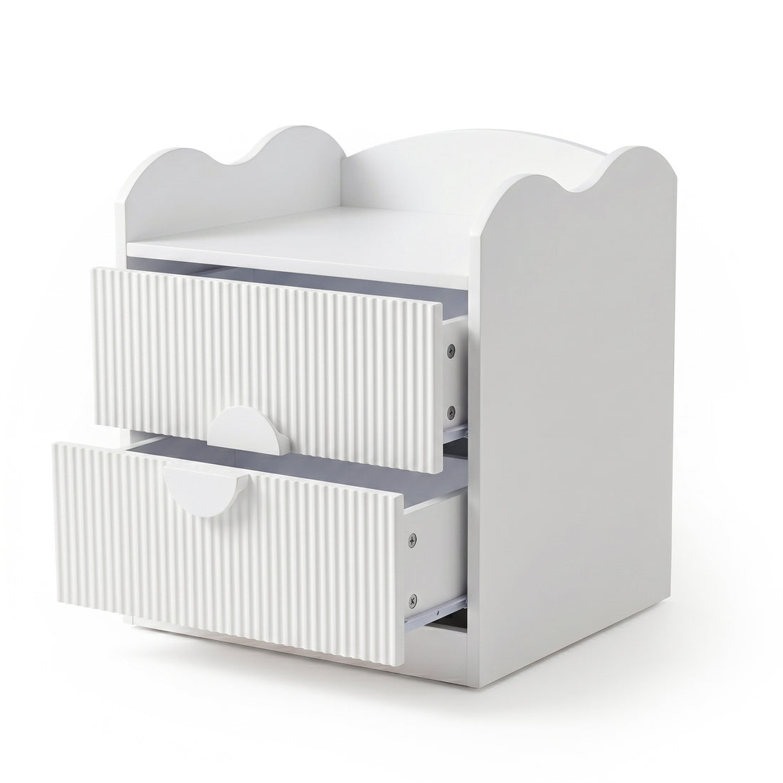 Compact white two-drawer storage organizer with ribbed fronts and arch top on white background
