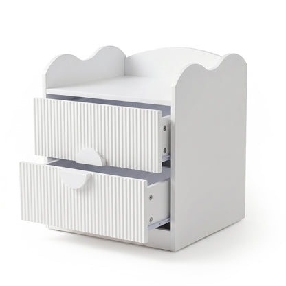 Compact white two-drawer storage organizer with ribbed fronts and arch top on white background