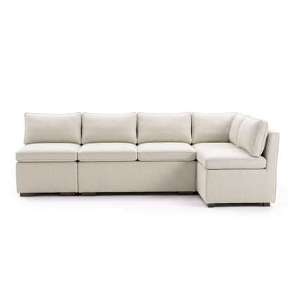 Front view of complete cream L-shaped sectional sofa on white background