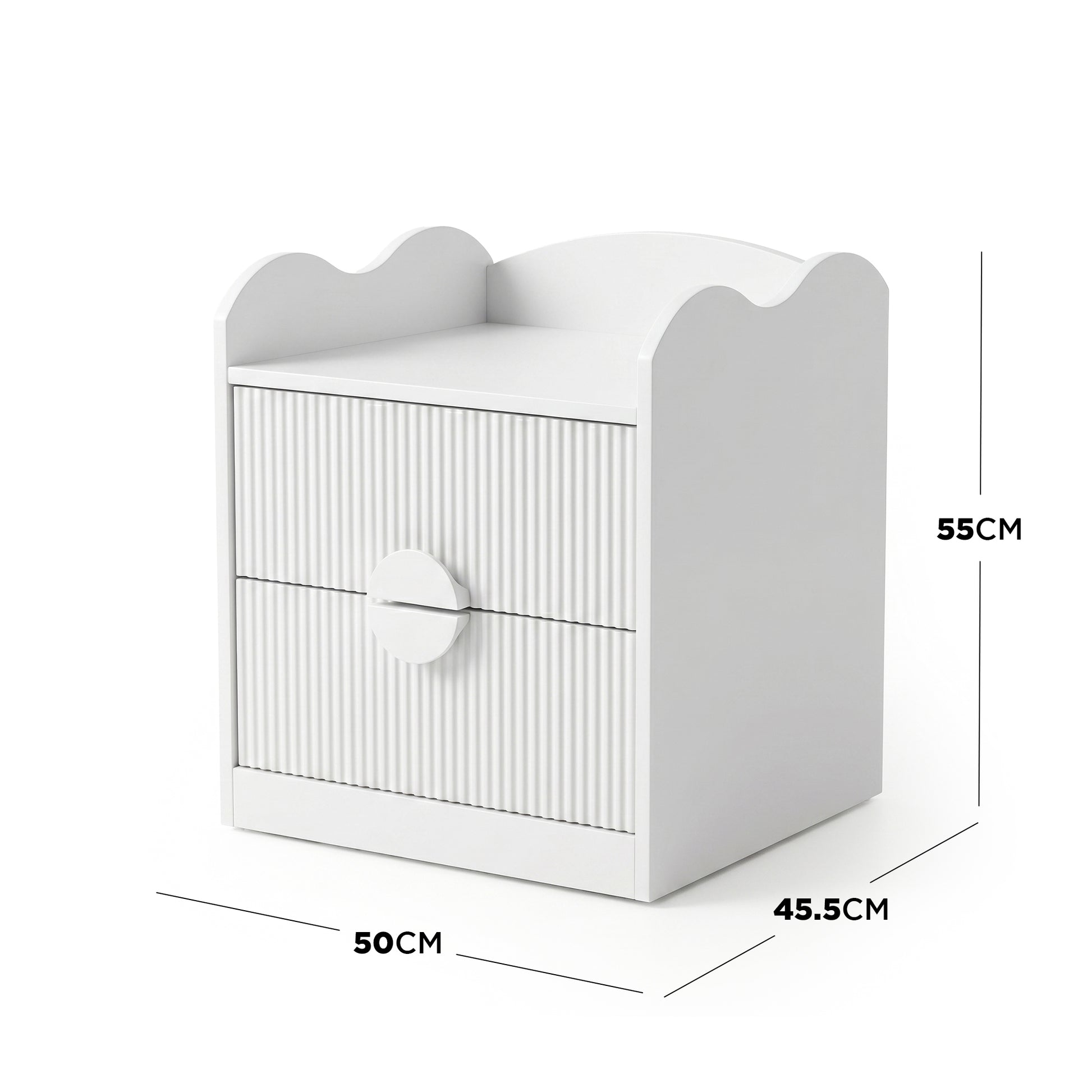 White two-drawer bedside table with dimensions labeled (55 cm x 50 cm x 45.5 cm) on white background
