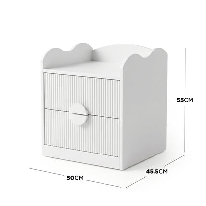 White two-drawer bedside table with dimensions labeled (55 cm x 50 cm x 45.5 cm) on white background