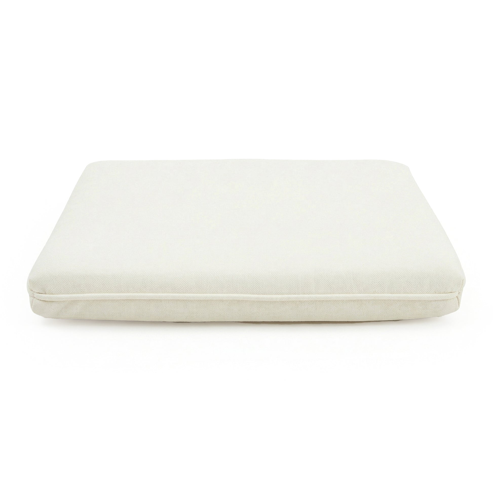 Evone Outdoor Cushion Covers in Cream White, featuring a rectangular foam cushion with a fabric cover and visible zipper, designed for easy outdoor setting refresh.