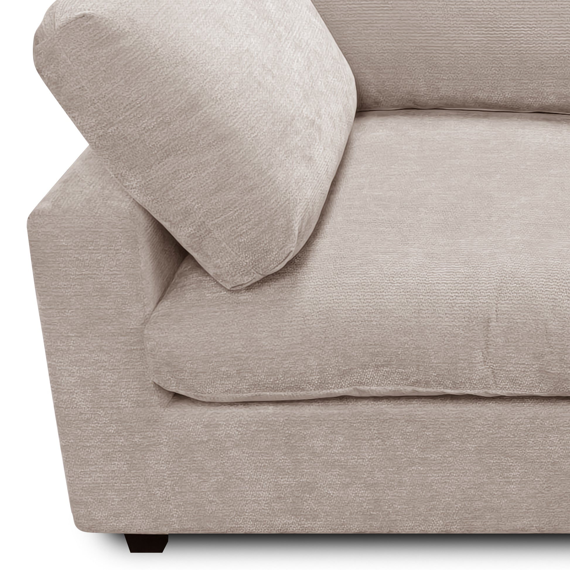 Partial view of a beige sofa arm and seat on white background