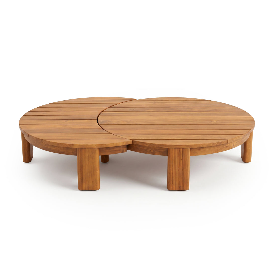 Two-part round wooden coffee table set with slatted tops on a white background.
