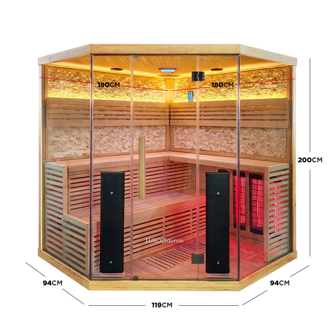 Full corner infrared sauna on a white background with dimension markers shown in centimeters.