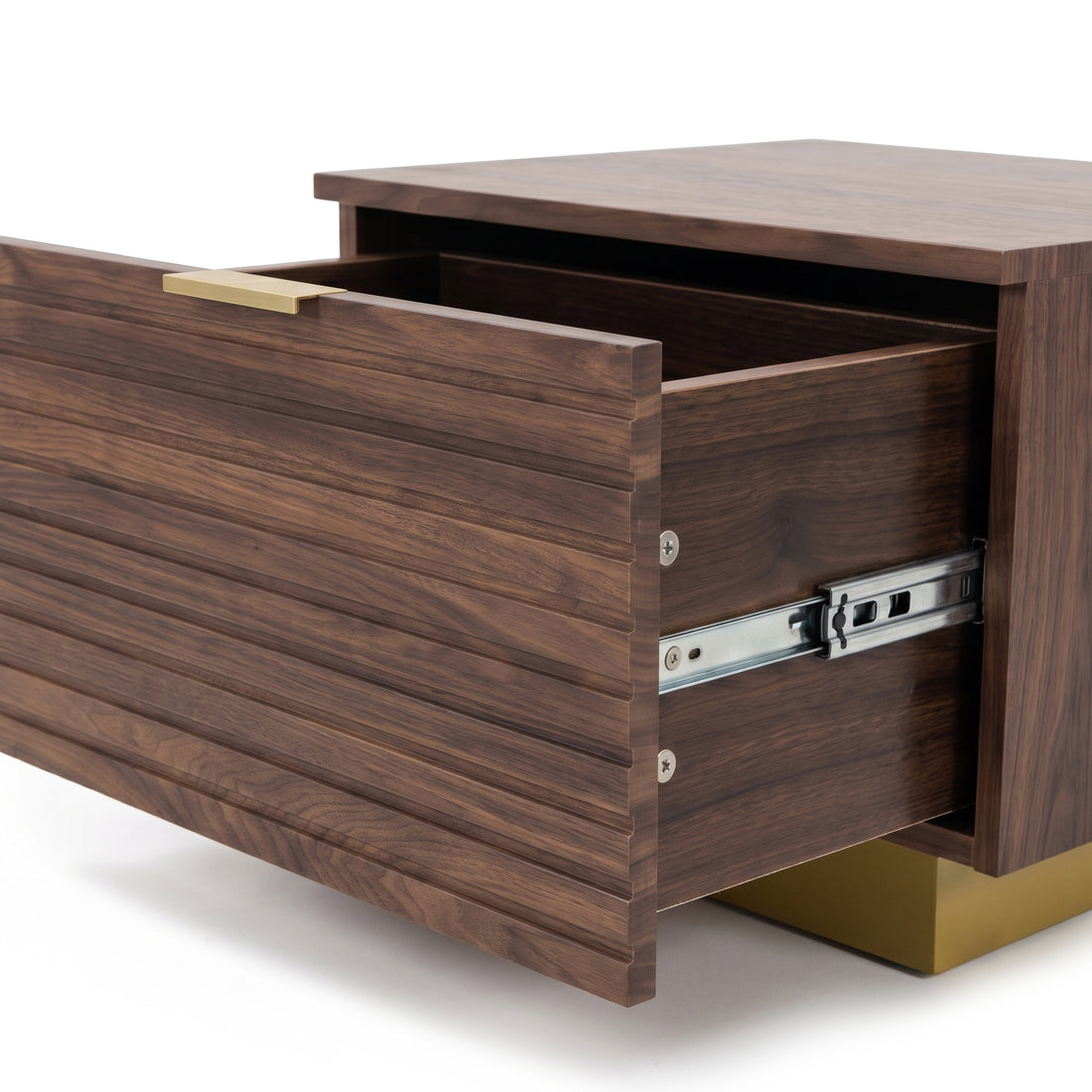 Close-up of open drawer and metal slides on a wooden nightstand