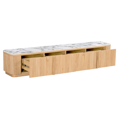 Wood TV console with marble-patterned top, open drawer, and open compartments on white background