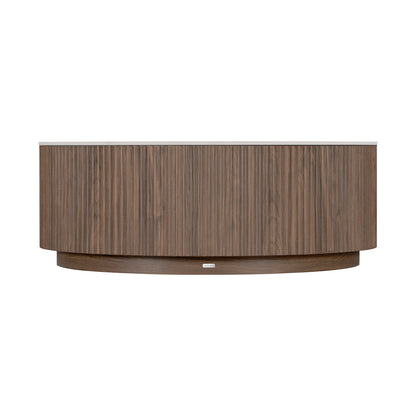 Contemporary curved wood console or sideboard on white background