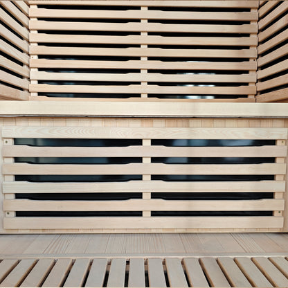 Close-up of wooden sauna bench and slatted interior seating.