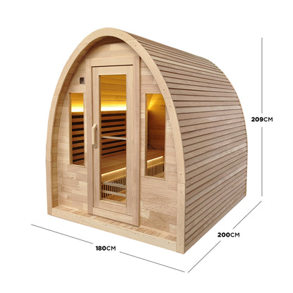 Wooden sauna cabin on white background with listed dimensions