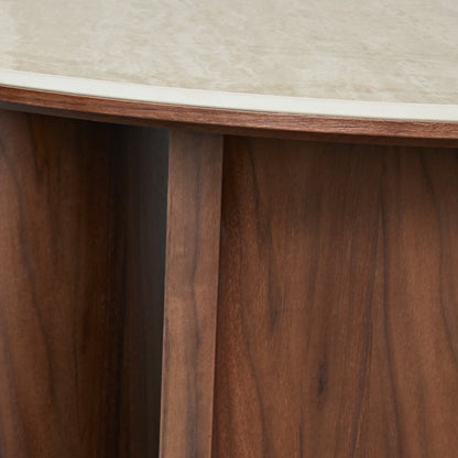 Close-up of dark wood furniture edge with light tabletop surface