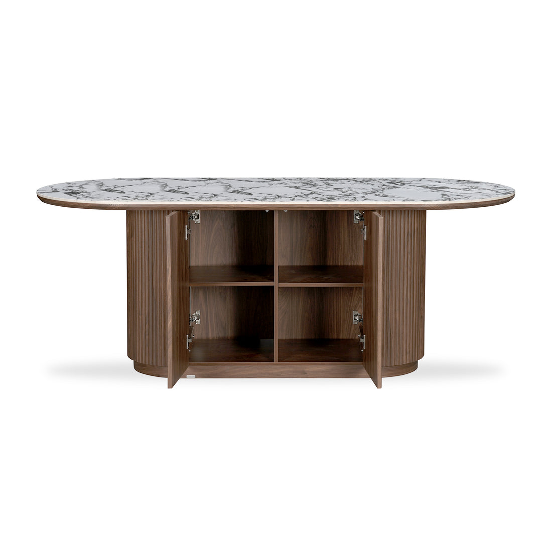 Oval marble-top table with wooden storage base on white background