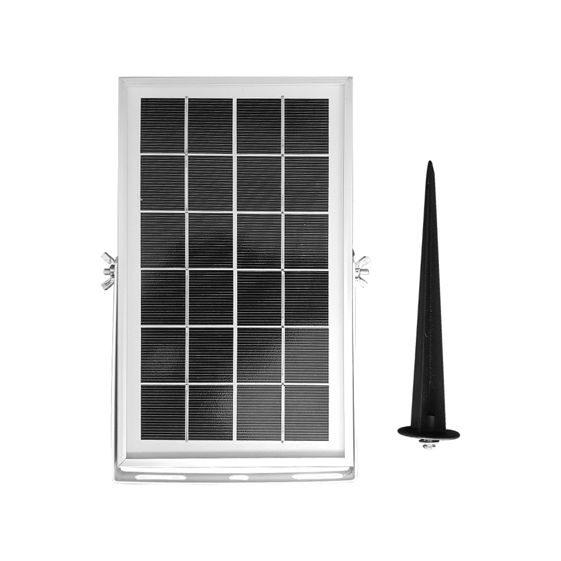 A small, framed Solar Panel Charger for LED Garden & Pathway Lights with a 3×6 cell layout, paired with a pointed plastic ground stake, designed for easy outdoor installation.