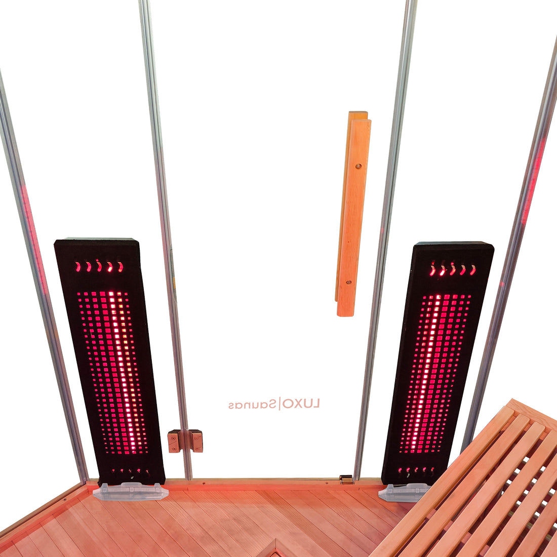 Interior view of a sauna with infrared heater panels, wood bench, and glass door handle.