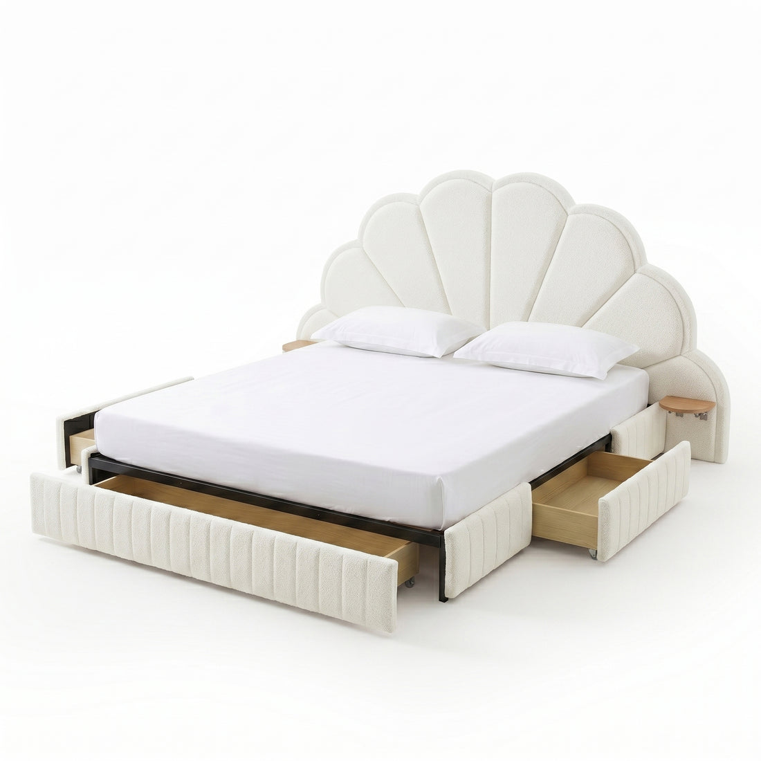 Upholstered bed with scallop headboard and storage drawers on white background