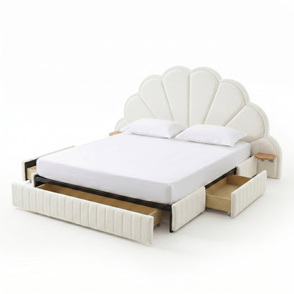 Upholstered bed with scallop headboard and storage drawers on white background