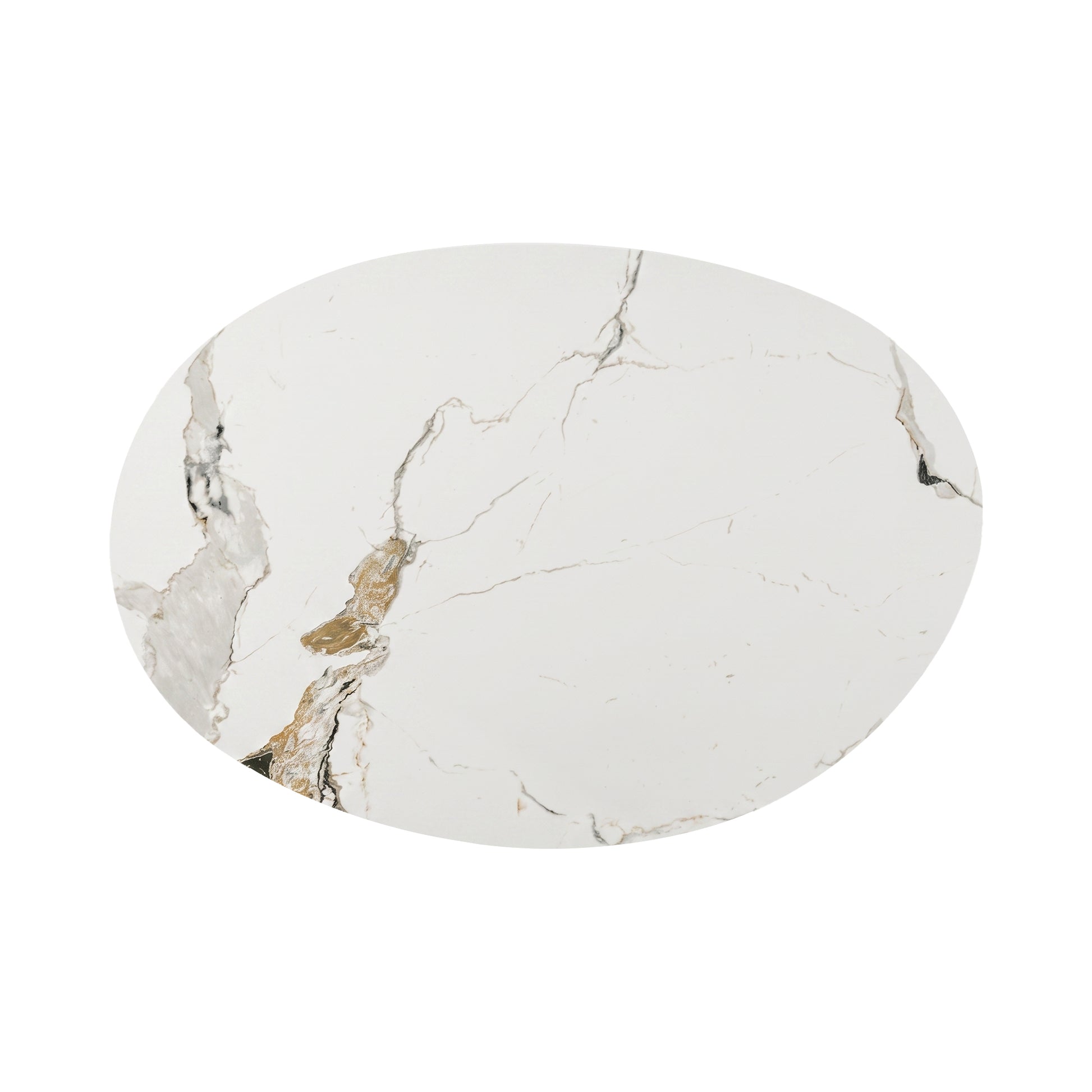 Oval white marble slab or tabletop with grey and beige veining on a white background