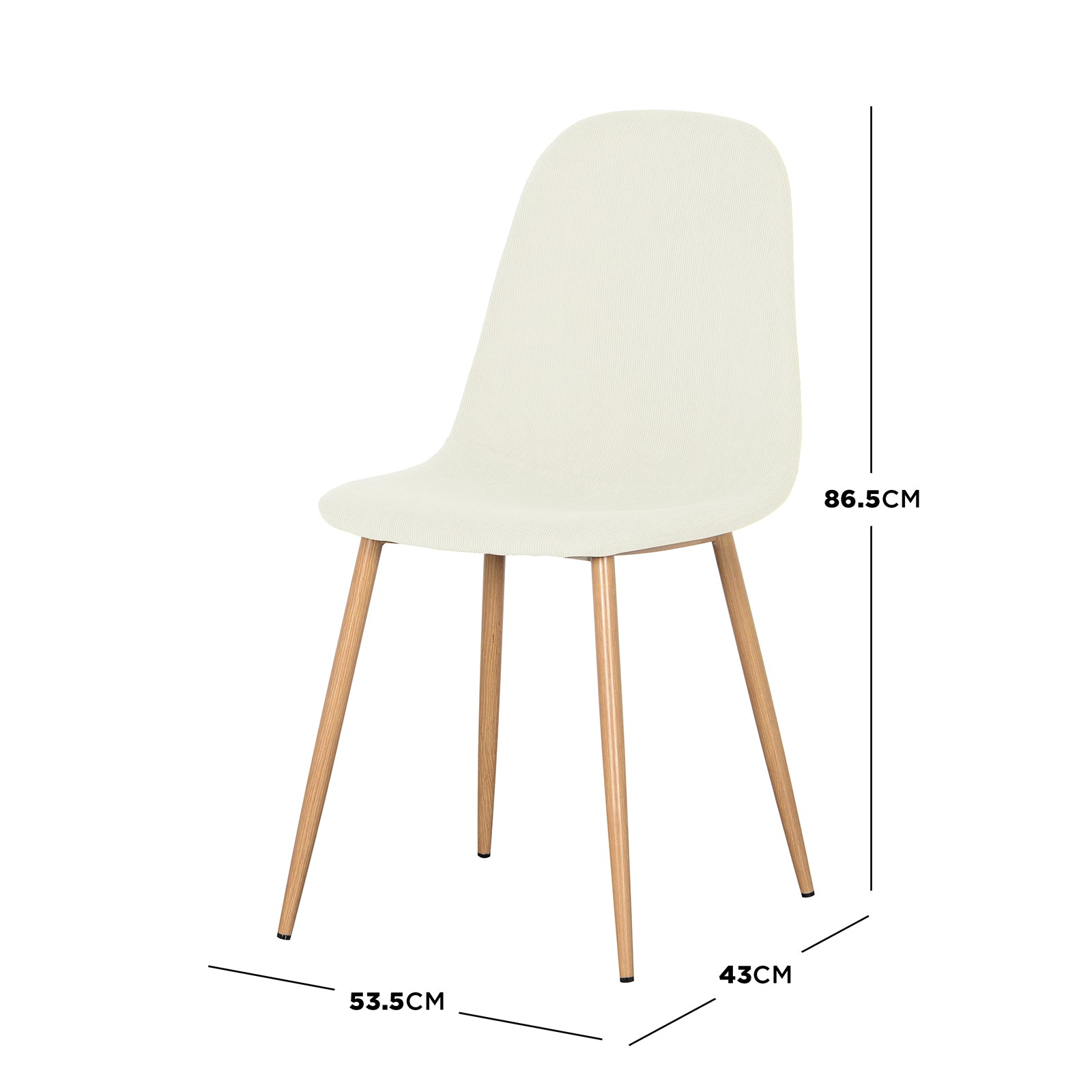 Modern-style Oregon Dining Table with 8 Florida Chairs Set in Sand, featuring off-white molded seats with natural wood-finish legs. Dimensions: height 86.5 cm, width 53.5 cm, depth 43 cm.