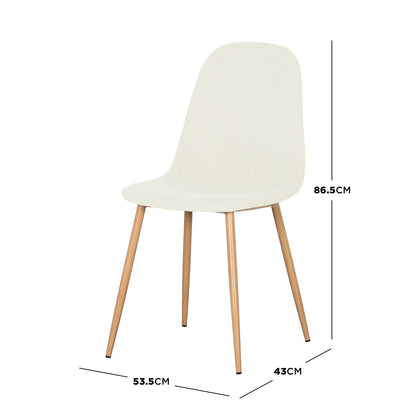 Modern-style Oregon Dining Table with 8 Florida Chairs Set in Sand, featuring off-white molded seats with natural wood-finish legs. Dimensions: height 86.5 cm, width 53.5 cm, depth 43 cm.