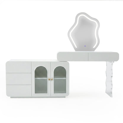 White two-section vanity with acrylic leg and illuminated mirror on white background