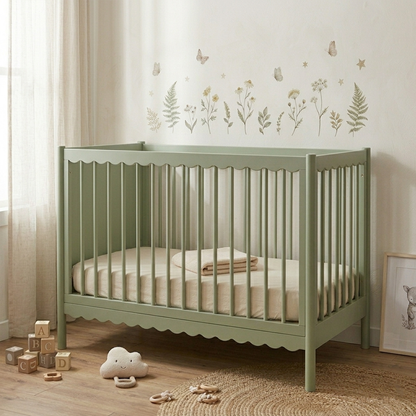 Baby crib in styled nursery room with wall decals and toys