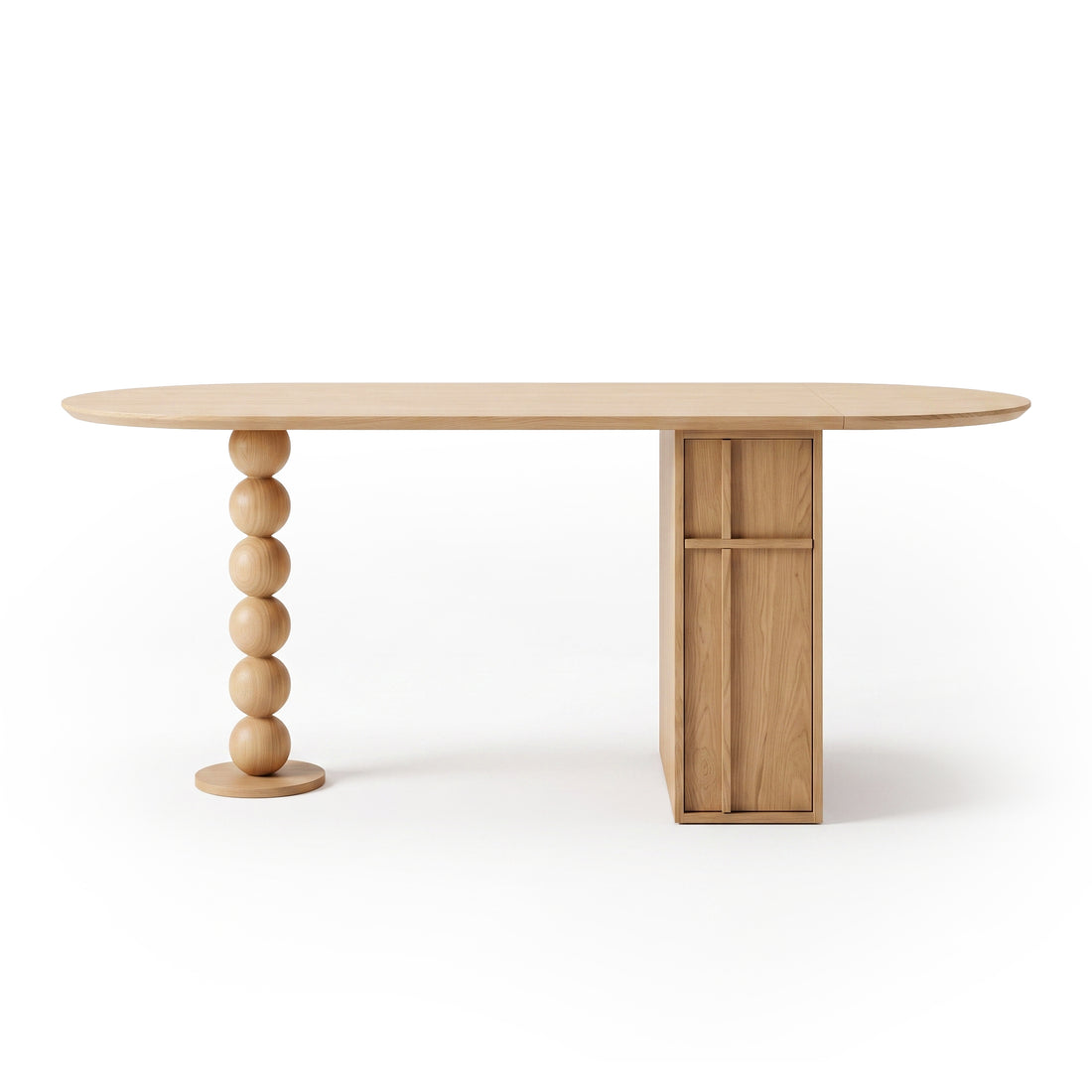 Modern wooden table shown fully on a white background with stacked-sphere leg and rectangular support