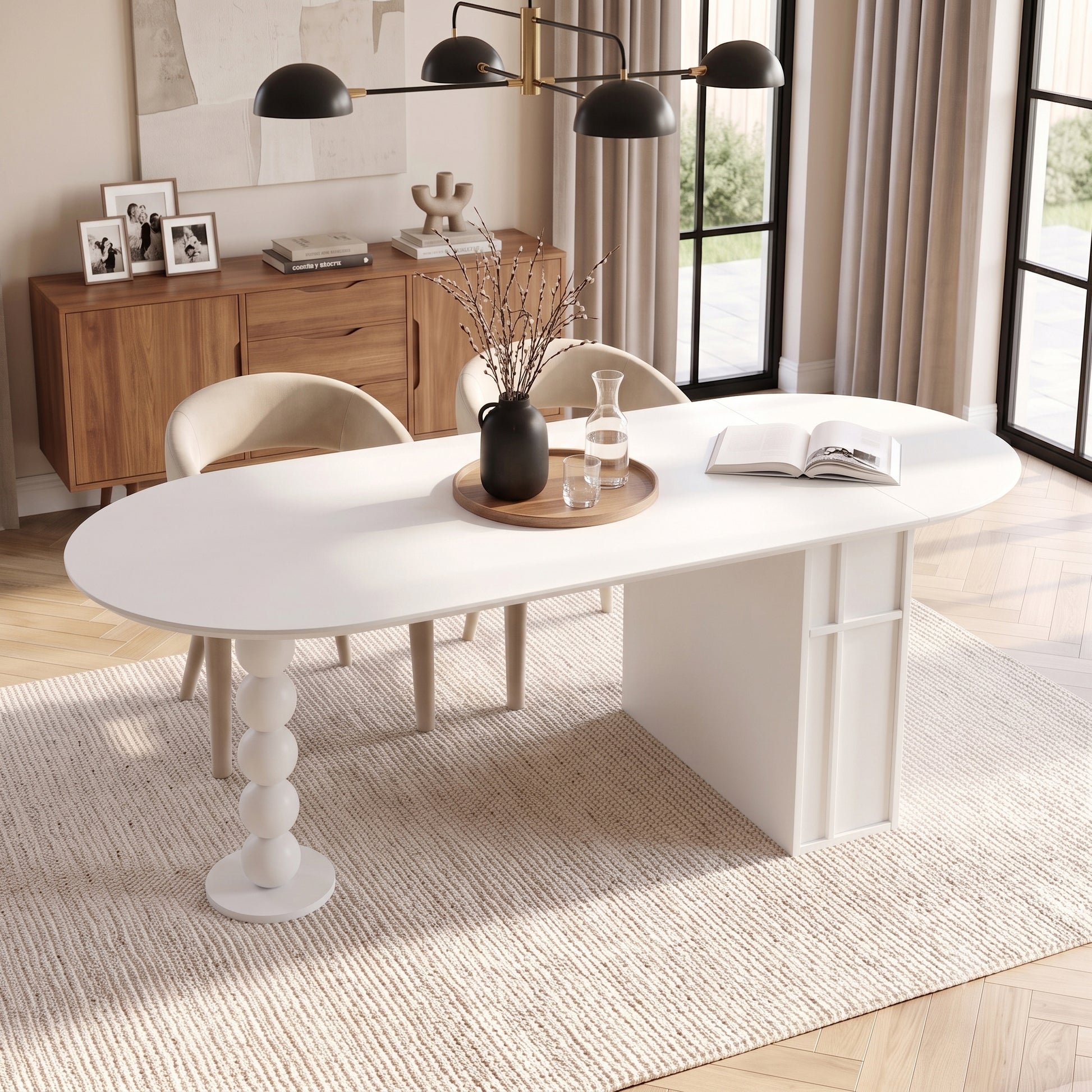 White oval table in a stylish room with decor and natural light