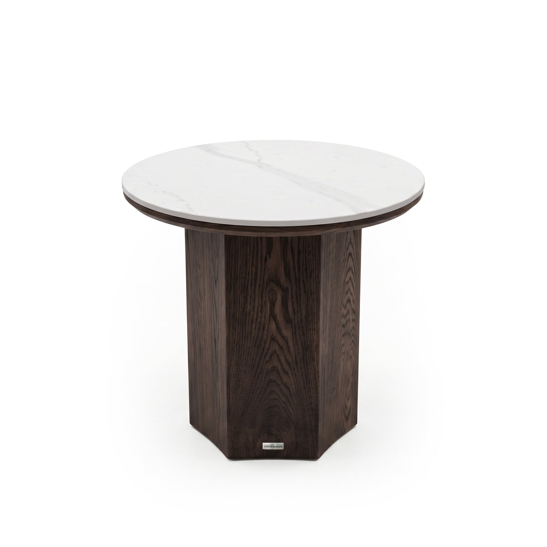 Round side table with white marble top and dark wood base on a white background