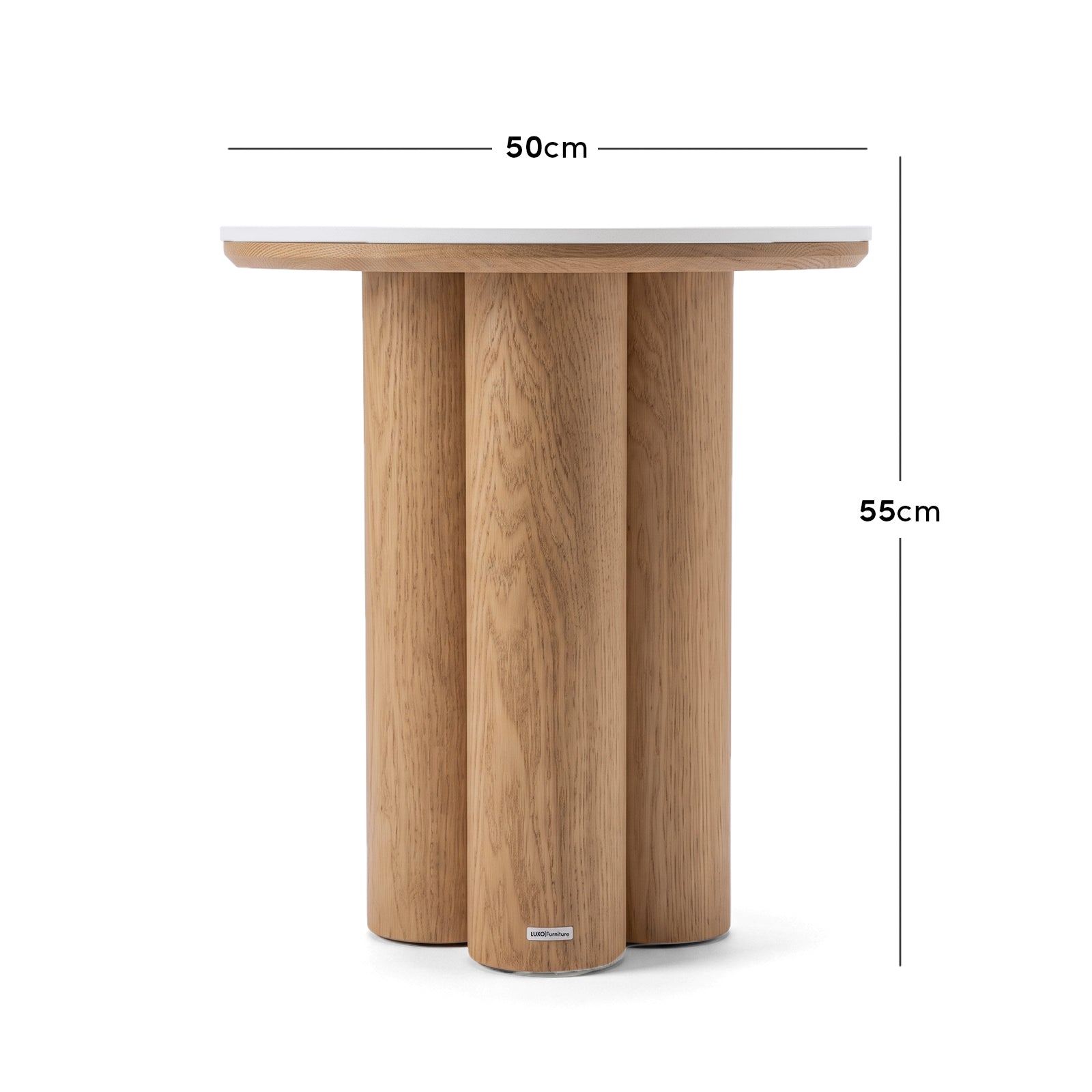 Round wooden side table with dimensions marked 50 cm wide and 55 cm high on a white background