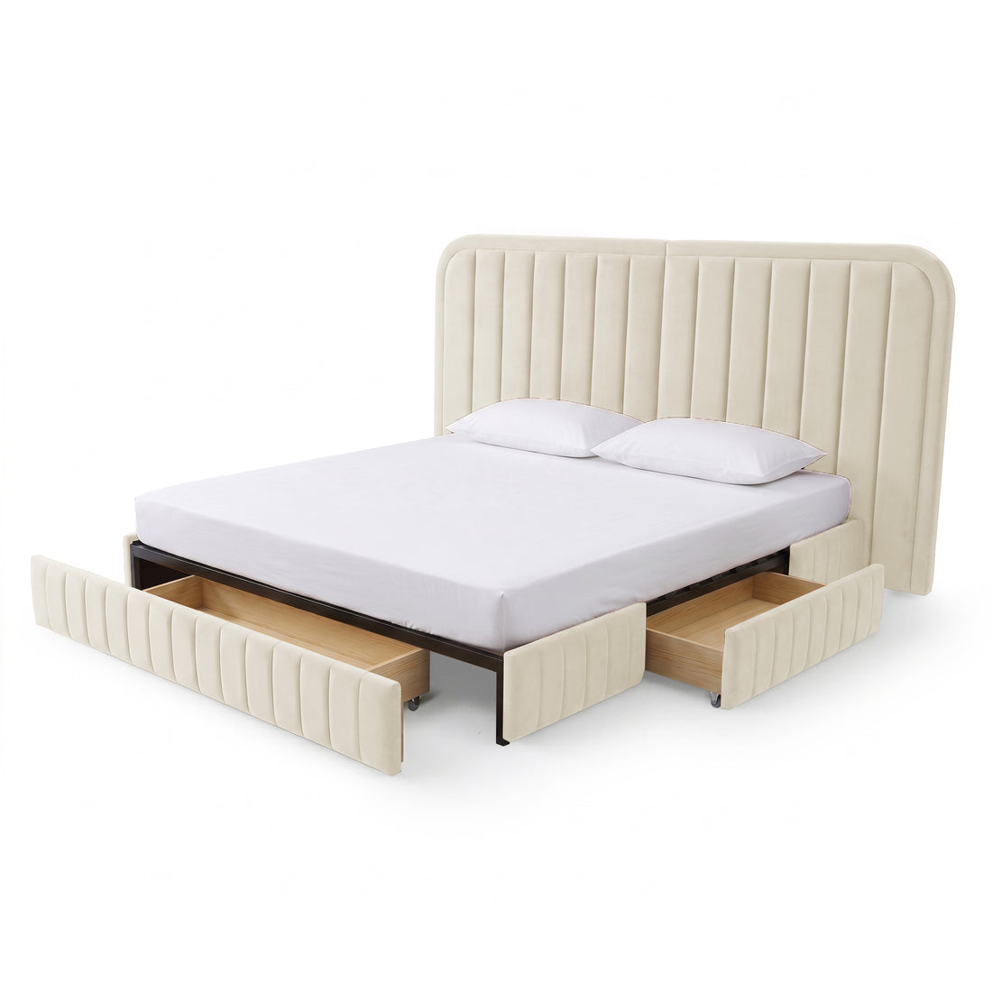 Cream upholstered platform bed with under-bed storage drawers on white background