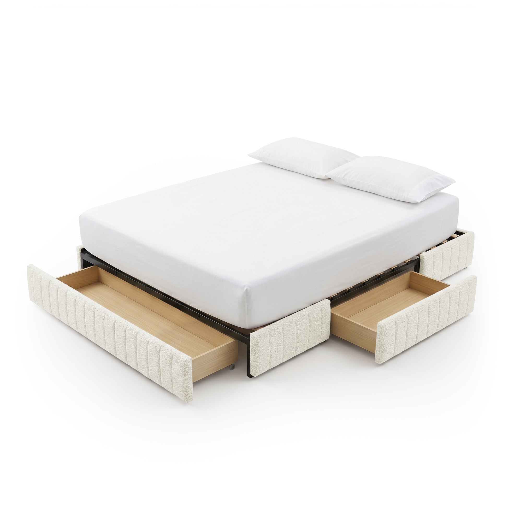 Upholstered bed with open storage drawers shown on white background