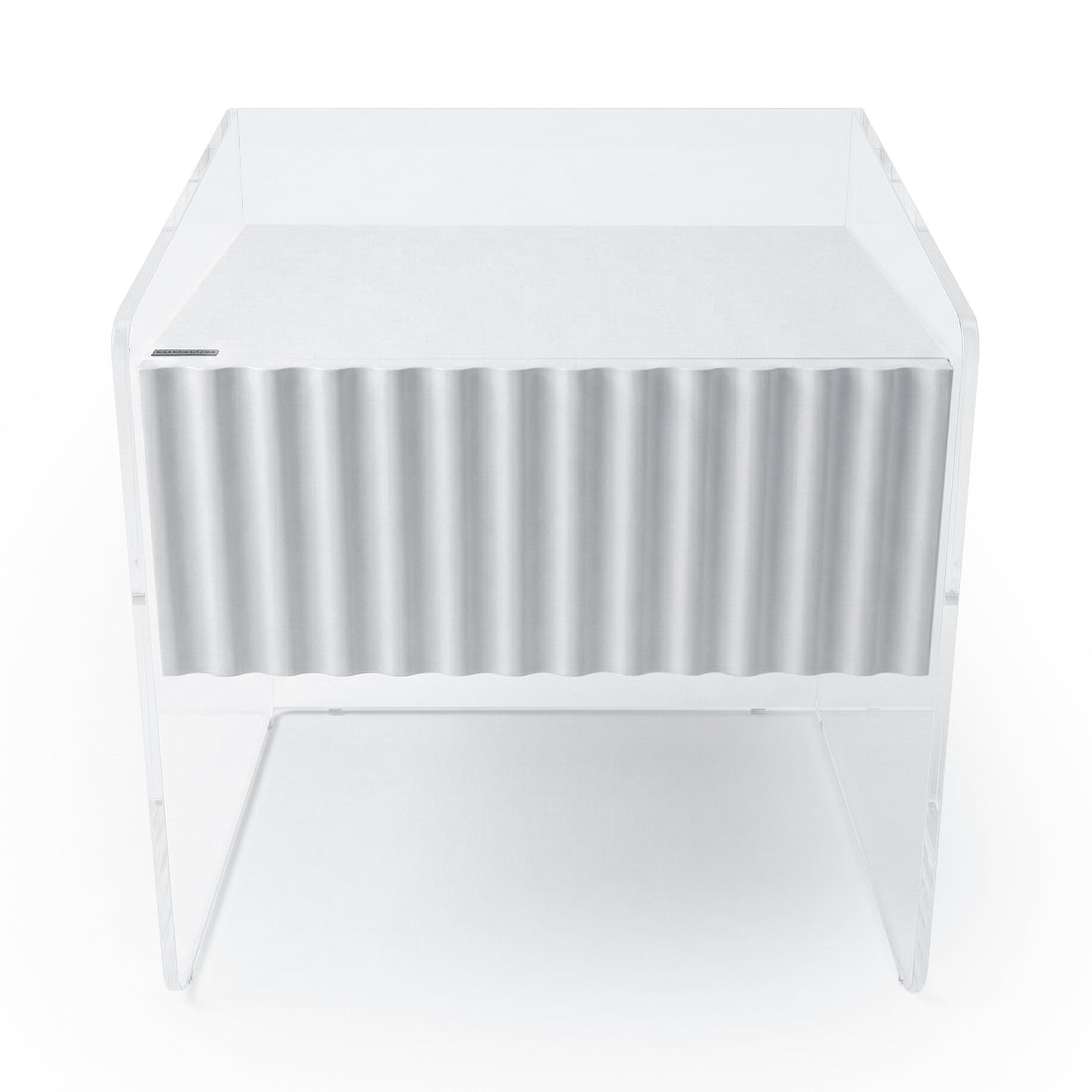 Transparent acrylic side table with ribbed front panel on white background