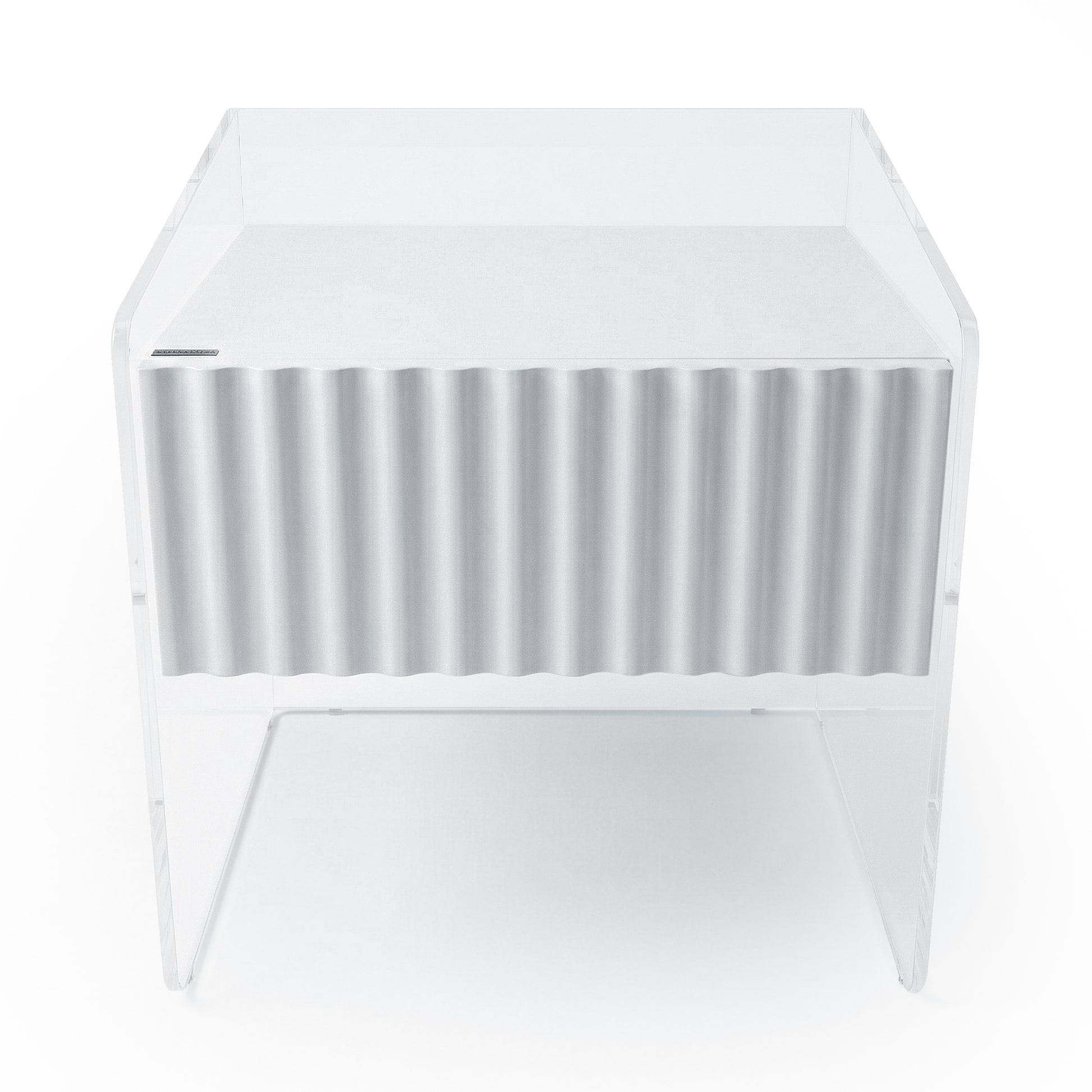 Transparent acrylic side table with ribbed front panel on white background