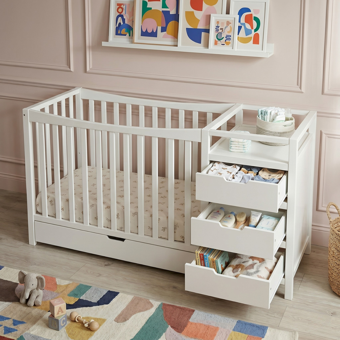 White baby crib with changing table and drawers in a nursery room