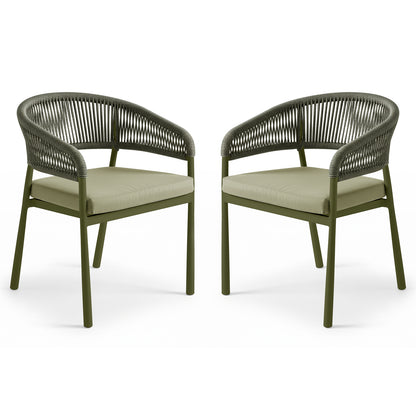 Coastal Outdoor Rope Dining Chairs Set of 2 in Green, featuring olive-metal frames, woven rope back and arms, and cushioned seats, designed for outdoor use, showcasing modern coastal style and durability.