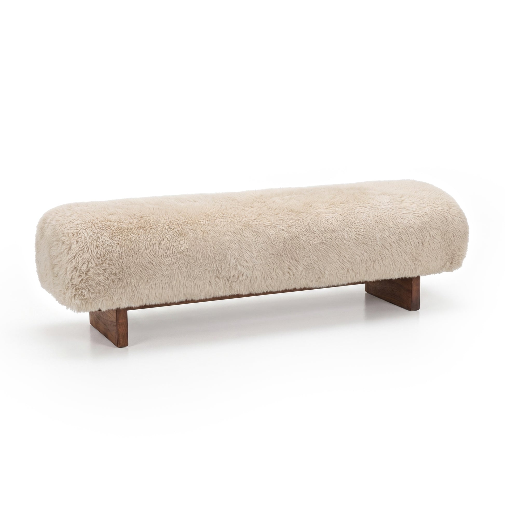 Shaggy light beige bench with wooden block legs on white background