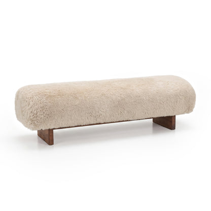 Shaggy light beige bench with wooden block legs on white background