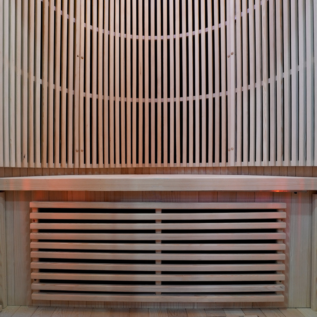 Close-up of wooden slat paneling inside a sauna