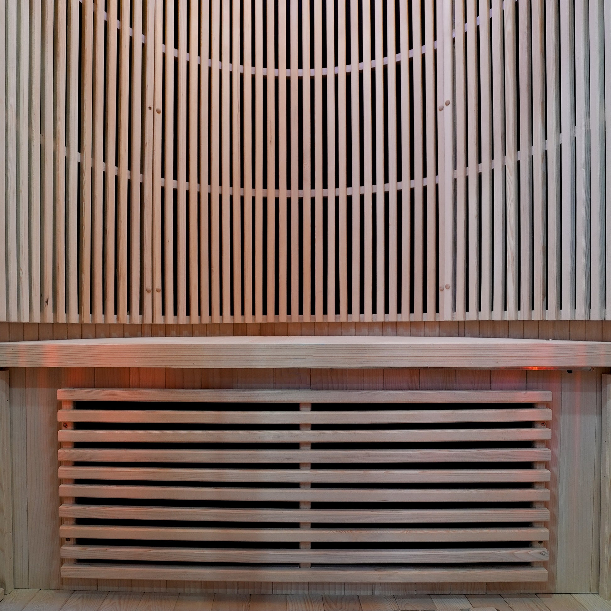 Close-up of wooden slat paneling inside a sauna