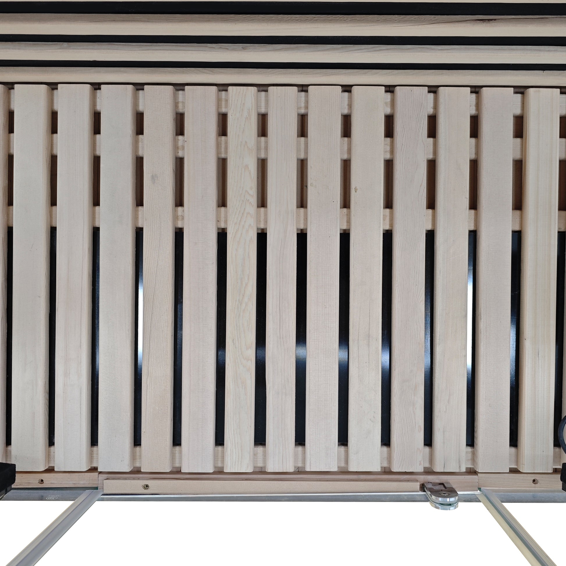 Close-up of a slatted wooden framework with support components