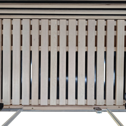 Close-up of a slatted wooden framework with support components