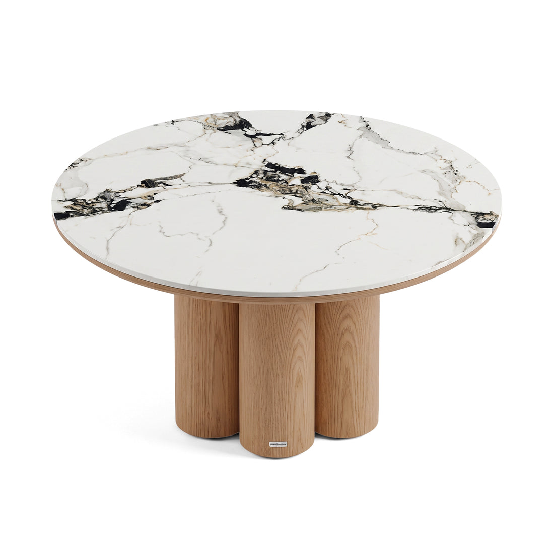 Round table with a marble-patterned top and clustered light wood cylindrical base on a white background