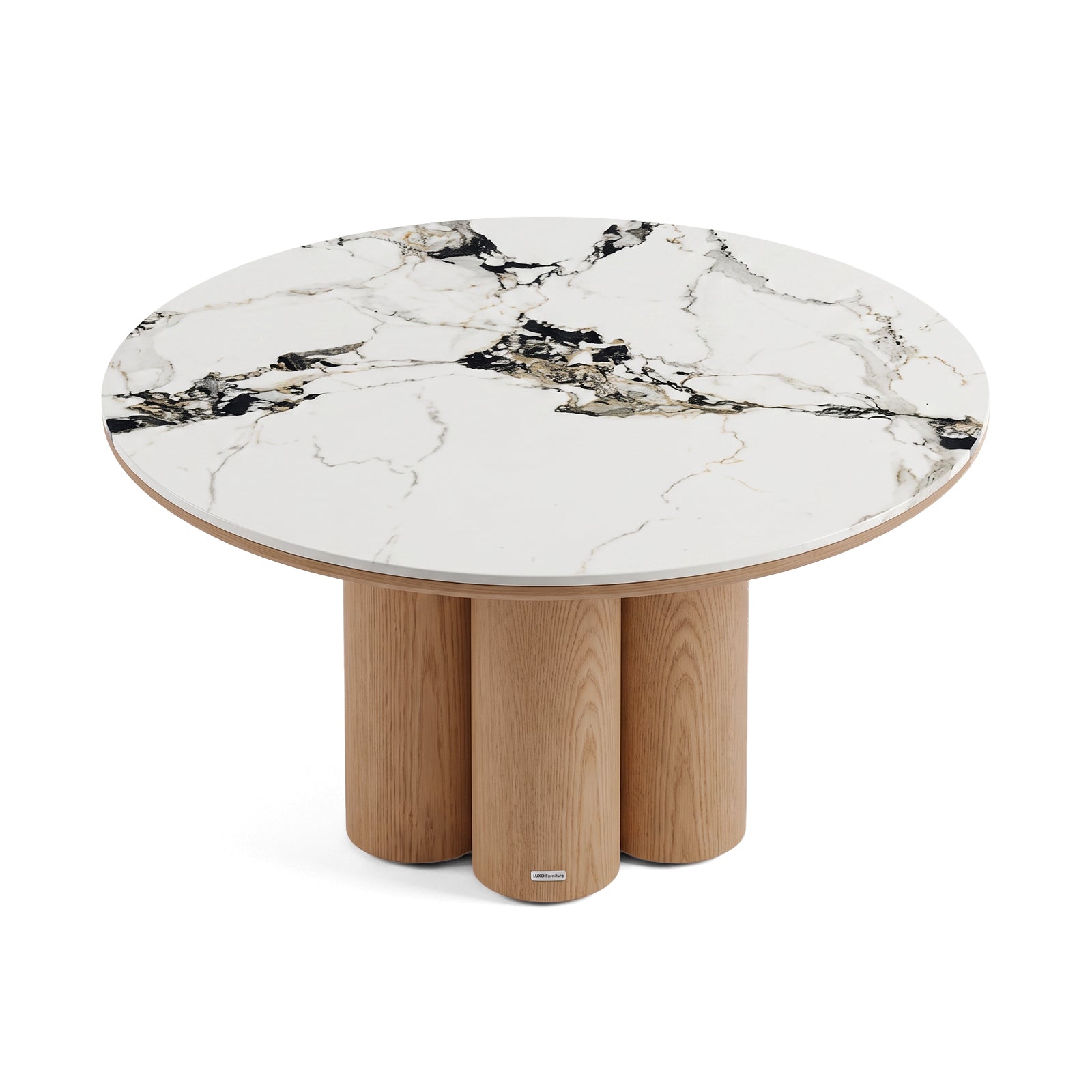 Round table with a marble-patterned top and clustered light wood cylindrical base on a white background