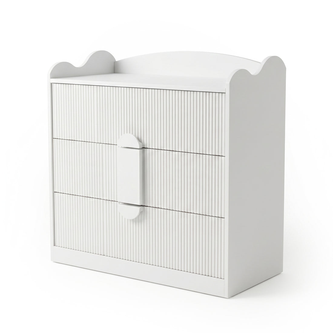 White chest of drawers on white background, front view