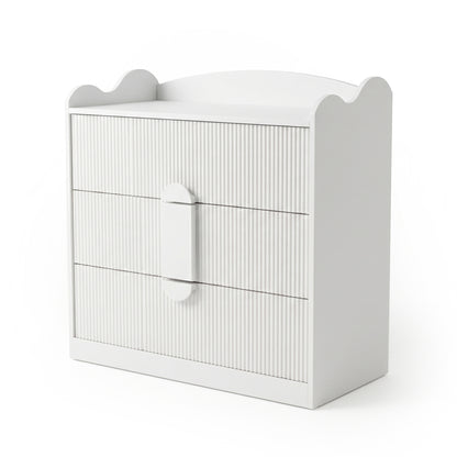 White chest of drawers on white background, front view