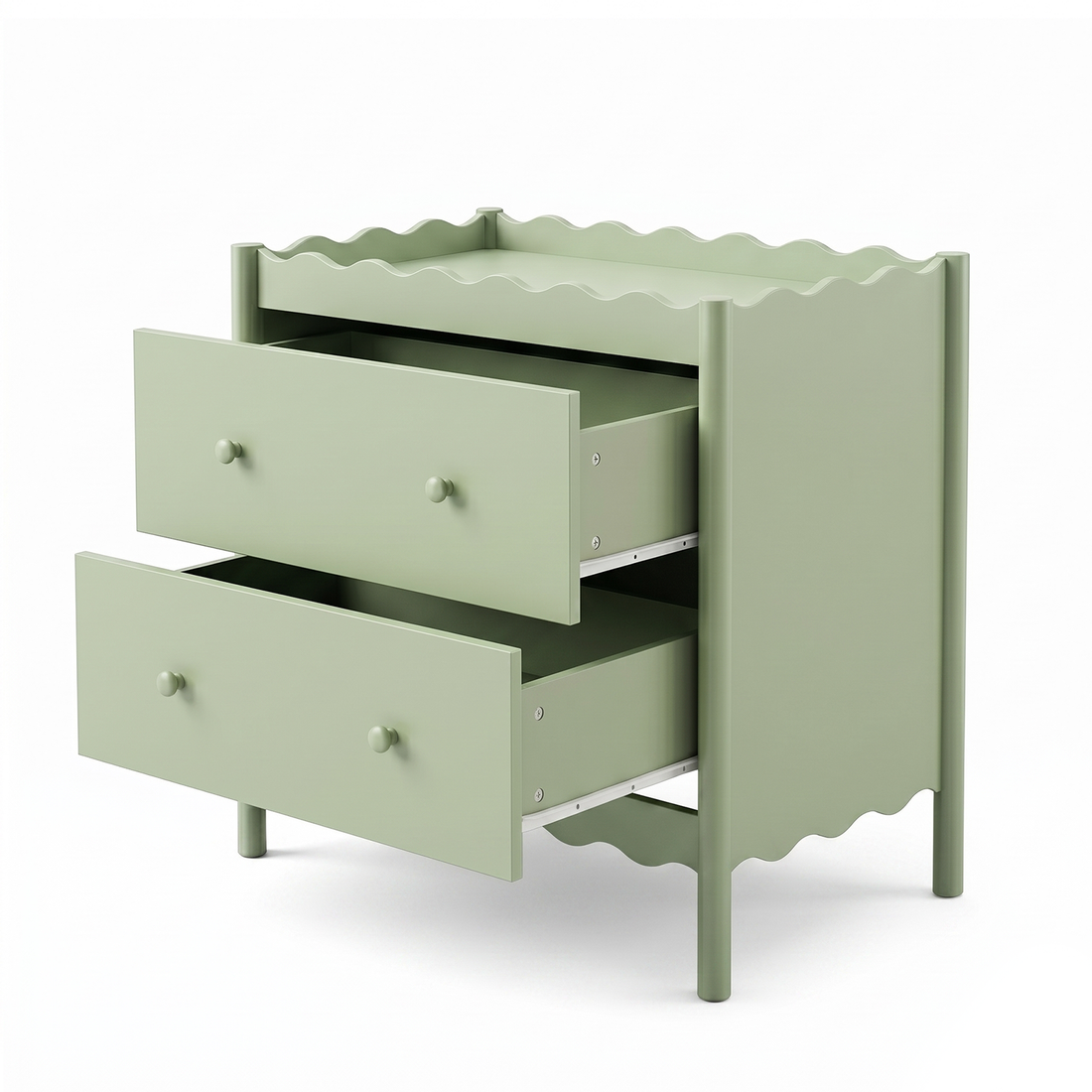 Pastel green dresser or nightstand with scalloped edges and open drawers on a white background